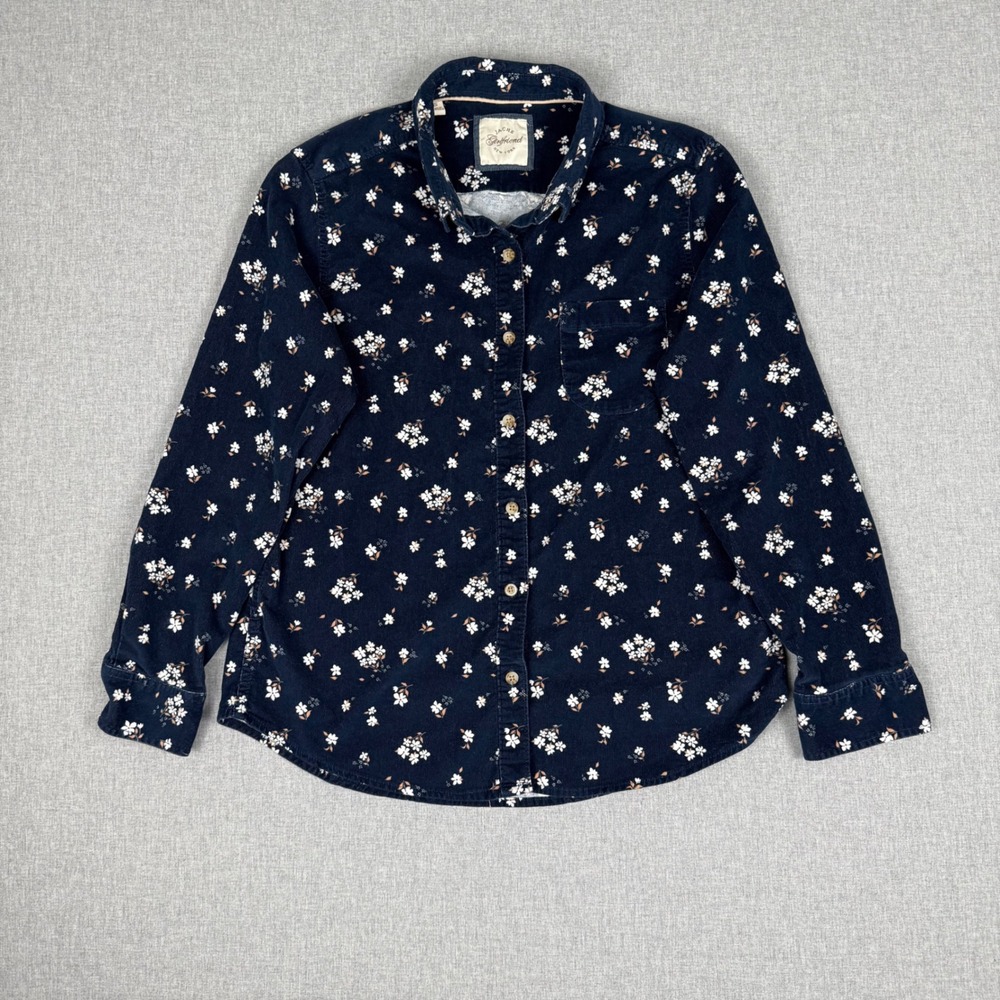 Jachs Girlfriend Navy Floral Corduroy Button Down Shirt Small Boho Cottagecore
